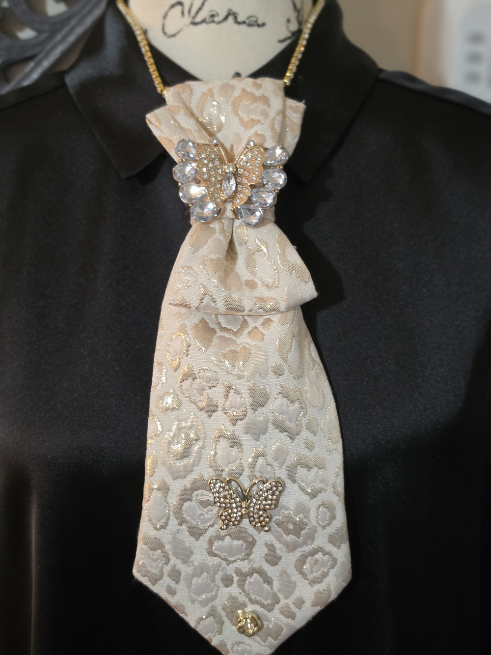 Elegant Cream Brooch Tie Necklace with Crystal Butterfly Accent